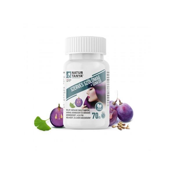 Natur Tanya® Szerves Szőlőmag és Ginkgo biloba. 95% OPC, 24% flavon glikozid és 6% terpén laktonra standardizált tabletta
